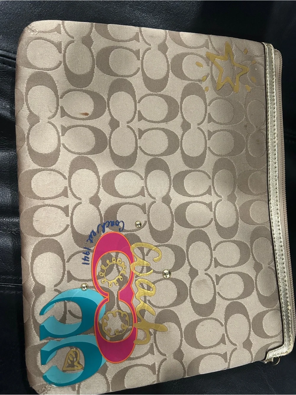 Coach Signature Pouch with Colorful Sunglasses Graphic - Beige 10.5w x 8.5L